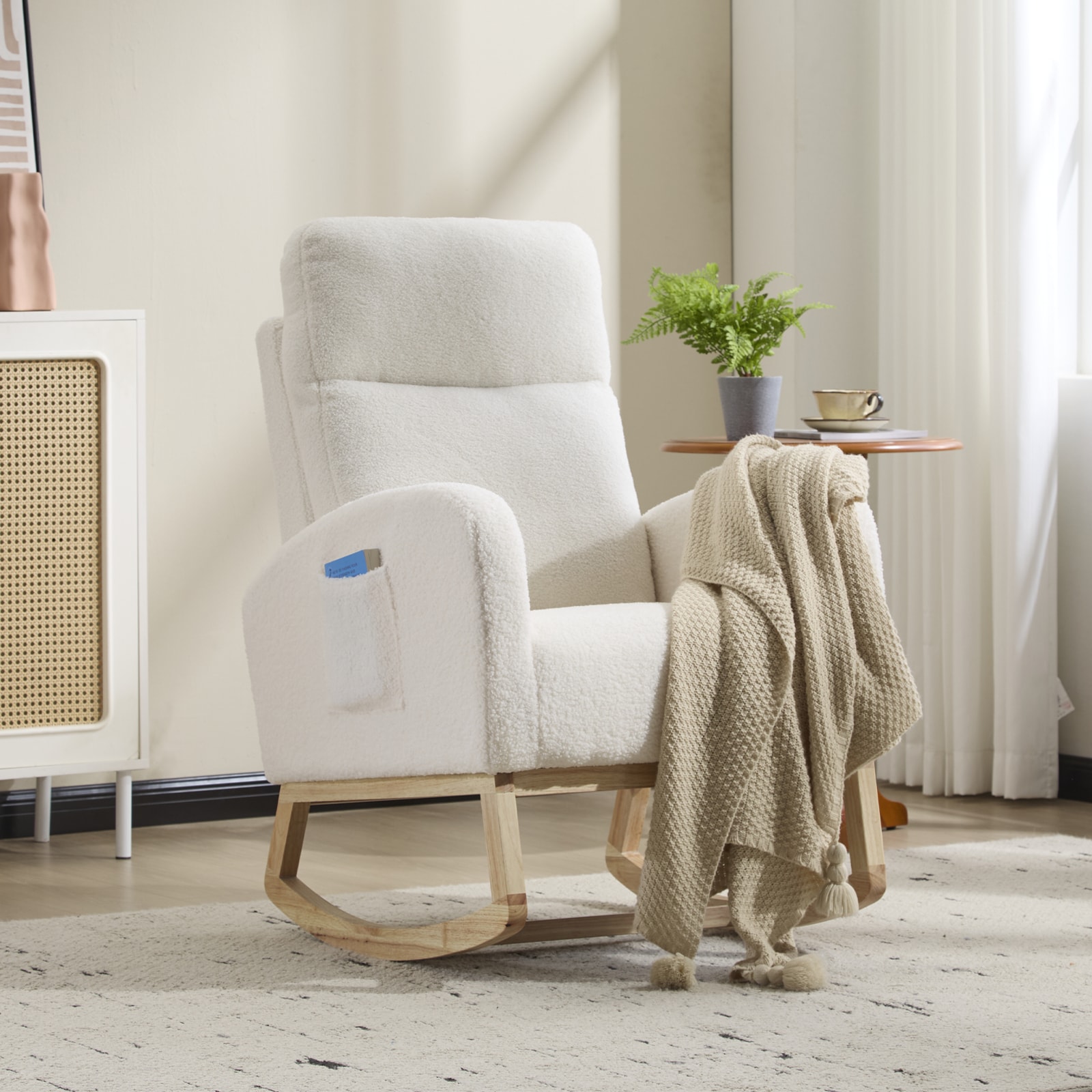 Modern Accent Rocking Chair Rocking Chair With Solid Wood Legs, Upholstered Nursery Glider Rocker, Comfy Armchair With Side Pocket, Living Room Lounge Arm Chair With High Backrest (White,teddy)_voghion.com